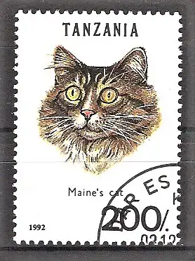 Briefmarke Tanzania Mi.Nr. 1411 o Katzen 1992 / Mainekatze