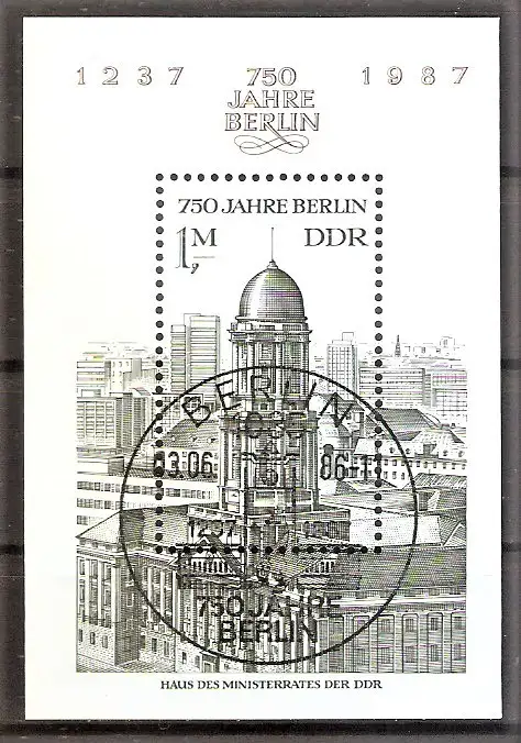 Briefmarke DDR Block 84 o (Mi.Nr. 3027) ESST BERLIN / 750 Jahre Berlin 1986 / Haus des Ministerrats der DDR