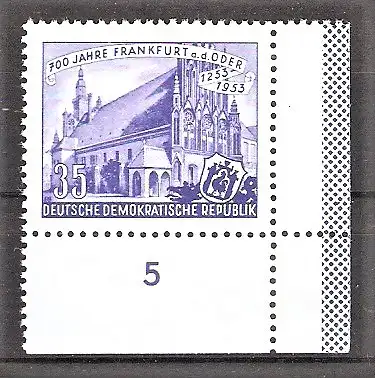 Briefmarke DDR Mi.Nr. 361 ** Bogenecke unten rechts - 700 Jahre Stadt Frankfurt a. d. Oder 1953 / Rathaus & Stadtwappen