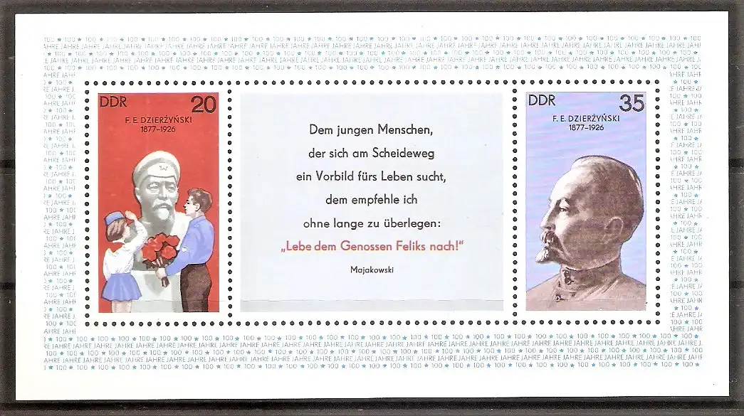 Briefmarke DDR Mi.Nr. 2252-2253 ** / Block 49 ** 100. Geburtstag von Feliks Dserschinskij 1977