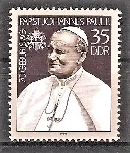 Briefmarke DDR Mi.Nr. 3337 ** 70. Geburtstag von Papst Johannes Paul II. 1990
