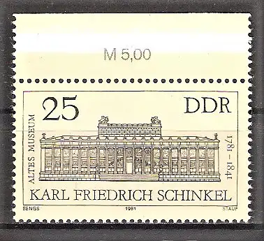 Briefmarke DDR Mi.Nr. 2620 ** Oberrand - 200. Geburtstag von Karl Friedrich Schinkel 1981 / Altes Museum in Berlin