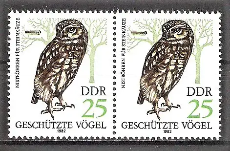 Briefmarke DDR Mi.Nr. 2704 ** Waagrechtes Paar - Geschützte Greifvögel 1982 / Steinkauz (Athene noctua)