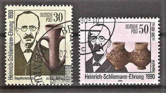 Briefmarke DDR Mi.Nr. 3364-3365 o 100. Todestag von Heinrich Schliemann 1990 / Altertumsforscher / Kompletter Satz !