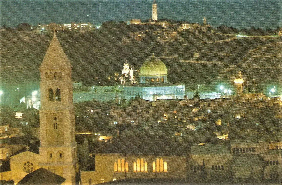 Ansichtskarte Israel - Jerusalem / Jerusalem am Abend mit Omar-Moschee, Erlöserkirche, Skyline und Ölberg (1939)