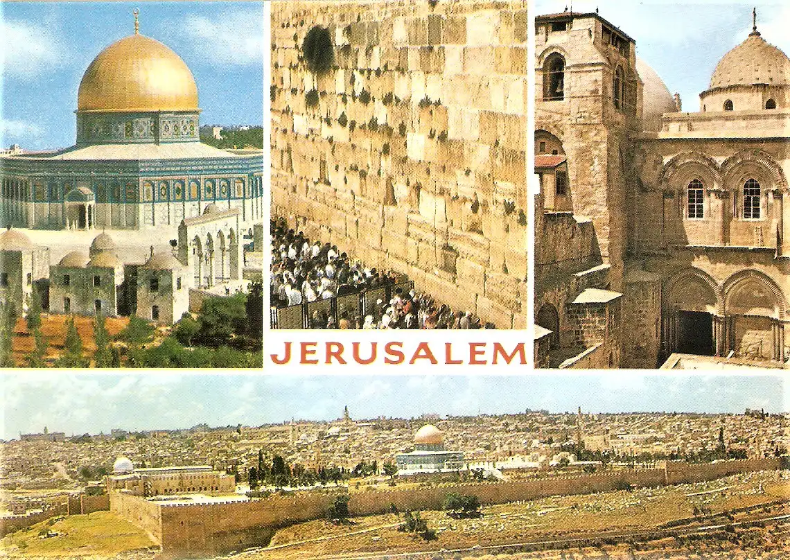 Ansichtskarte Israel - Jerusalem / Felsendom, Klagemauer, Grabeskirche, Panorama (1920)