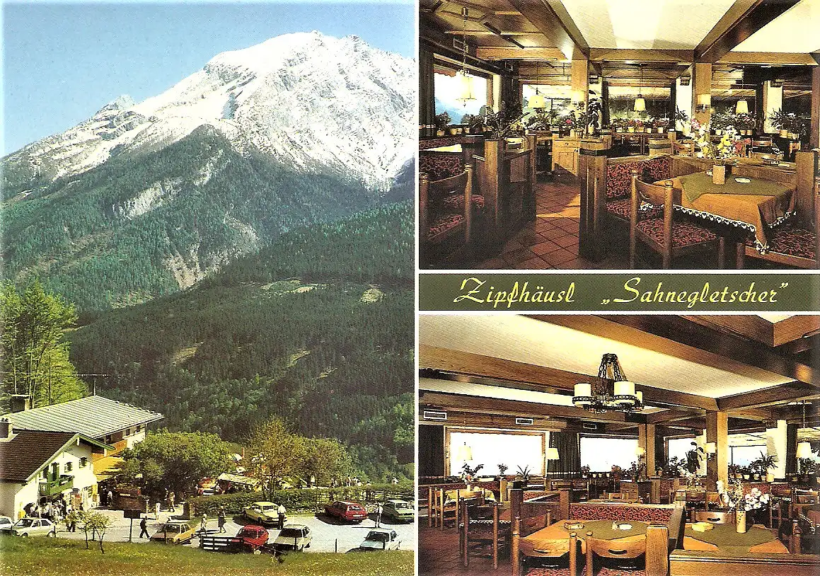 Ansichtskarte Deutschland - Ramsau bei Berchtesgaden / Berggasthof und Pension "Zipfhäusl" genannt "Sahnegletscher" - Innen- und Außenansicht (2053)