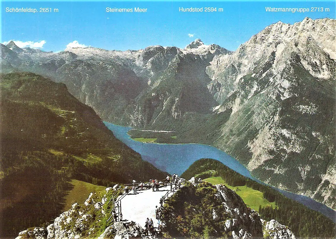 Ansichtskarte Deutschland - Berchtesgaden / Blick vom Jenner auf Königssee mit Schönfeldspitze, Steinernes Meer, Hundstod und Watzmann (2078)