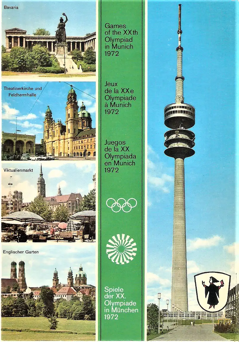 Ansichtskarte Deutschland - München / XX. Olympische Spiele 1972 - Bavaria, Theatinerkirche und Feldherrnhalle, Viktualienmarkt, Englischer Garten, Fernsehturm (2393)