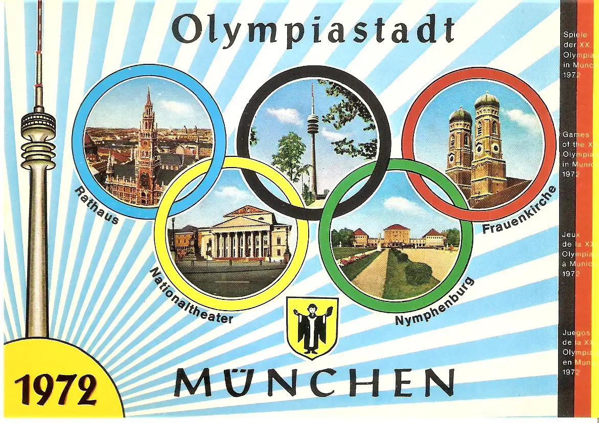 Ansichtskarte Deutschland - München / Olympiade München 1972 - Rathaus, Nationaltheater, Fernsehturm, Nymhenburg, Frauenkirche (2391)