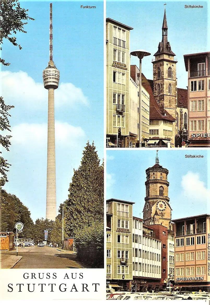 Ansichtskarte Deutschland - Stuttgart / Gruss aus Stuttgart - Fernsehturm, Stiftskirche (1757)