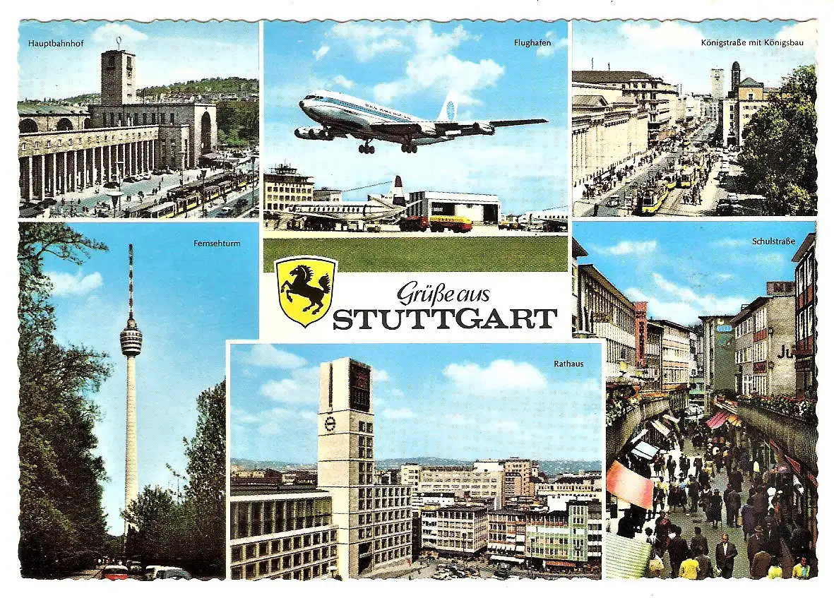 Ansichtskarte Deutschland - Stuttgart / Hauptbahnhof, Flughafen, Königstraße mit Königsbau, Fernsehturm, Rathaus, Schulstraße (1753)