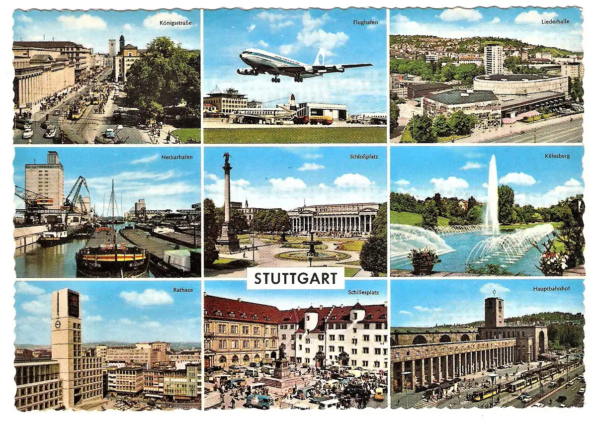 Ansichtskarte Deutschland - Baden-Württemberg - Stuttgart - Königstraße, Flughafen, Liederhalle, Neckarhafen, Schloßplatz, Killesberg, Rathaus, Schillerplatz, Hauptbahnhof (1755)