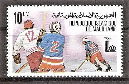 Briefmarke Mauretanien Mi.Nr. 660 ** Olympische Winterspiele Lake Placid 1980 / Eishockey-Spieler