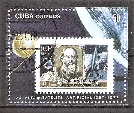 Briefmarke Cuba Mi.Nr. 2214 B o Start von Sputnik I 1977 / Konstantin Ziolkowskij - Raumfahrtforscher