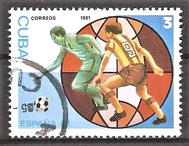 Briefmarke Cuba Mi.Nr. 2542 o Fussball-Weltmeisterschaft Spanien 1982 / Spielszene vor Weltkugel
