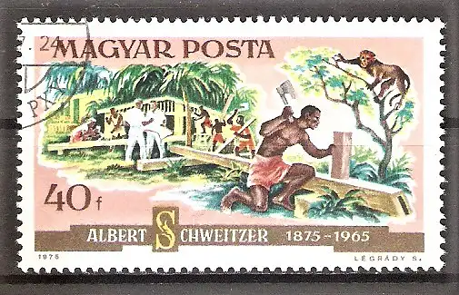 Briefmarke Ungarn Mi.Nr. 3014 A o 100. Geburtstag von Albert Schweitzer 1975 / Spitalbau in Lambarene