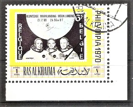 Briefmarke Ras-al-Khaima Mi.Nr. 471 A o Briefmarkenausstellung PHILYMPIA ’70 / Mondlandung / Astronauten Armstrong, Collins, Aldrin