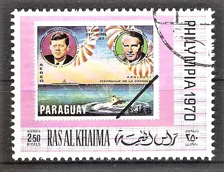 Briefmarke Ras-al-Khaima Mi.Nr. 479 A o Briefmarkenausstellung PHILYMPIA ’70 / Apollo 11 / John F. Kennedy / Wernher von Braun