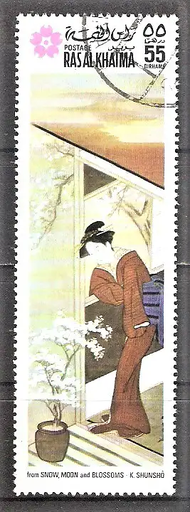 Briefmarke Ras-al-Khaima Mi.Nr. 426 A o Weltausstellung Expo ’70 in Osaka (Japan) 1970 "Schnee, Mond, Blüten" von Katsukawa Shunsho