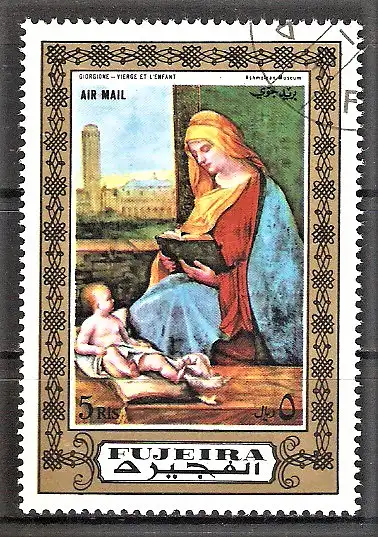 Briefmarke Fujeira Mi.Nr. 880 A o Madonnengemälde 1972 / "Lesende Madonna mit Kind" von Giorgione