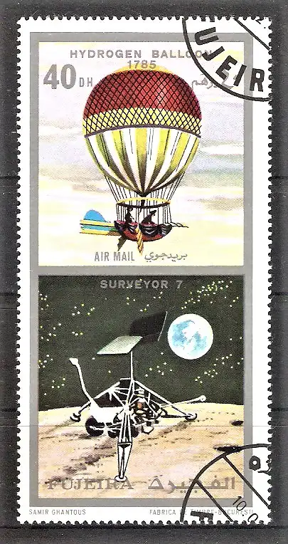 Briefmarke Fujeira Mi.Nr. 622 o Luft- und Raumfahrzeuge 1971 / Wasserstoffballon / Mondsonde Surveyor 7