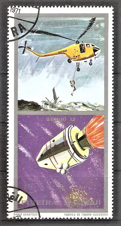 Briefmarke Fujeira Mi.Nr. 626 o Luft- und Raumfahrzeuge 1971 / Hubschrauber / Gemini 12