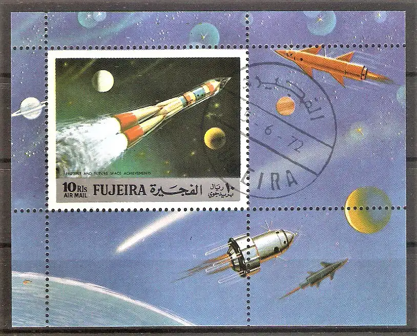 Briefmarke Fujeira Block 102 A o (Mi.Nr. 977) Erforschung des Weltraums 1972 / Wostok