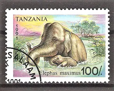 Briefmarke Tanzania Mi.Nr. 1019 o Elefanten 1991 / Indischer Elefant (Elephas maximus)