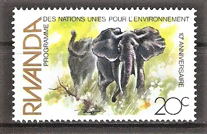 Briefmarke Ruanda Mi.Nr. 1196 ** 10 Jahre Umweltschutzprogramm der Vereinten Nationen 1982 / Elefanten (Loxodonta africana)