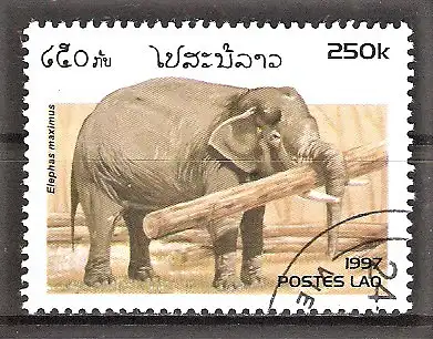 Briefmarke Laos Mi.Nr. 1585 o Elefanten 1997 / Asiatischer Elefant (Elephas maximus) - Arbeitselefant mit Baumstamm