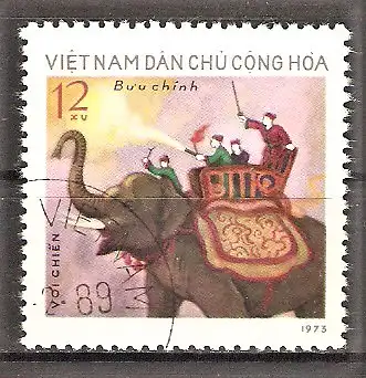 Briefmarke Vietnam Mi.Nr. 752 o Arbeitselefanten 1974 / Kriegs-Elefant als Reittier