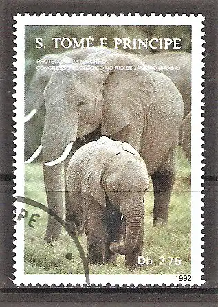 Briefmarke Sao Tome & Principe Mi.Nr. 1340 o Konferenz der Vereinten Nationen über Umwelt und Entwicklung (UNCED) in Rio de Janeiro 1992 / Afrikanischer Elefant (Loxodonta africana)