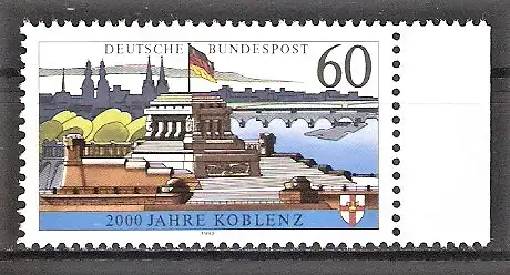 Briefmarke BRD Mi.Nr. 1583 y ** Seitenrand rechts - 2000 Jahre Koblenz 1992 / Sockel des Kaiser-Wilhelm-Denkmals