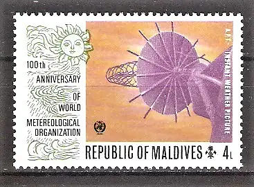 Briefmarke Malediven Mi.Nr. 482 ** Weltorganisation für Meteorologie (WMO) 1973 / Wetterbeobachtungsstation