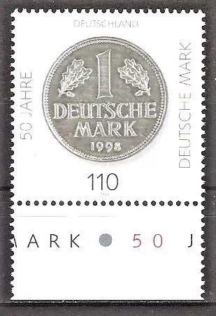 Briefmarke BRD Mi.Nr. 1996 ** Unterrand - 50 Jahre Deutsche Mark 1998 / 1-DM-Münze