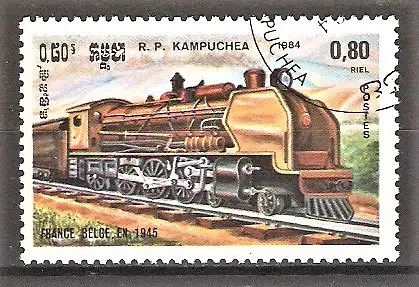 Briefmarke Kambodscha Mi.Nr. 586 o Lokomotiven 1984 / Dampflokomotive - Frankreich/Belgien 1945