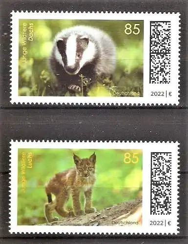 Briefmarke BRD Mi.Nr. 3681-3682 ** Tierbabys 2022 / Europäischer Dachs & Eurasischer Luchs / Kompletter Satz !