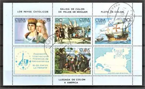 Briefmarke Cuba BLOCK 86 o (Mi.Nr. 2894-2897) Internationale Briefmarkenausstellung ESPAMER ’85 - Kolumbus