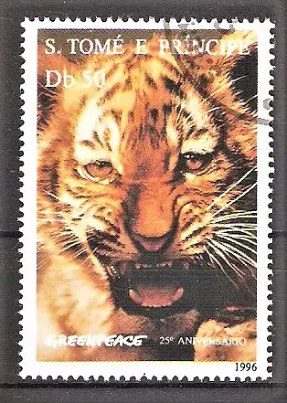 Briefmarke Sao Tome & Principe Mi.Nr. 1677 o 25 Jahre „Greenpeace“ 1996 / Tiger