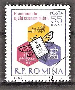 Briefmarke Rumänien Mi.Nr. 2042 o Tag des Sparens 1962 / Biene mit Sparbuch & Waben mit Symbolen für Landwirtschaft und Industrie