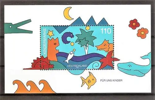 Briefmarke BRD BLOCK 42 ** (Mi.Nr. 1980) Für uns Kinder 1998 / Meerestiere und Dinosaurier in nächtlicher Küstenlandschaft