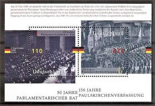 Briefmarke BRD BLOCK 43 ** (Mi.Nr. 1986-1987) 50 Jahre Parlamentarischer Rat & 150 Jahre Paulskirchenverfassung 1998