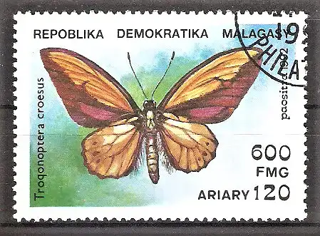 Briefmarke Madagaskar Mi.Nr. 1371 o Schmetterlinge 1992 / Goldener Vogelflügel (Trogonoptera croesus)