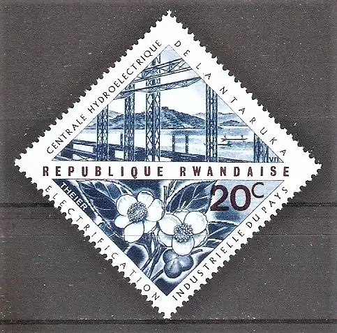 Briefmarke Ruanda Mi.Nr. 209 A ** Wasserkraftwerk von Ntaruka 1967 / Hochspannungsmasten vor Stausee & Teestrauch