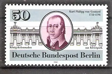 Briefmarke Berlin Mi.Nr. 639 ** 250. Geburtstag von Karl Philipp von Gontard 1981 / Architekt - Königskolonnaden am Kleist-Park