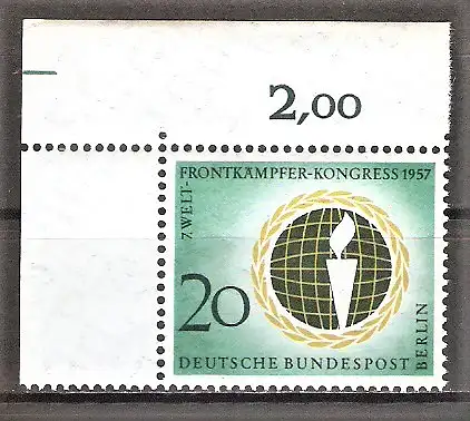 Briefmarke Berlin Mi.Nr. 177 ** BOGENECKE o.l. Welt-Frontkämpfer-Kongress Berlin 1957