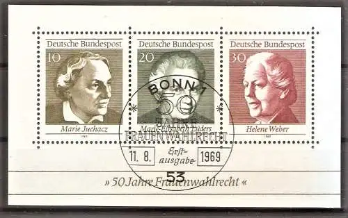 Briefmarke BRD Block 5 o (Mi.Nr. 596-598) ESST BONN / 50 Jahre Frauenwahlrecht in Deutschland 1969
