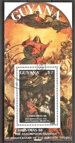 Briefmarke Guyana Block 30 o (Mi.Nr. 2413) 500. Geburtstag von Tizian 1988 / Anbetung der Hirten