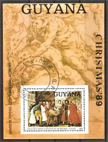 Briefmarke Guyana Block 72 o (Mi.Nr. 3072) Weihnachten 1989 - Gemälde / "Das Wunder des neugeborenen Kindes" von Tizian